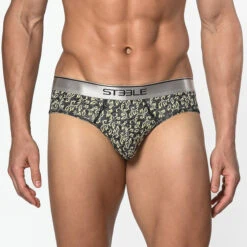 St33le - Microfiber Print Low Rise Brief - Black/Yellow Leaves