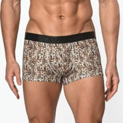St33le - Microfiber Print Low Rise Trunk - Brown/Khaki Safari